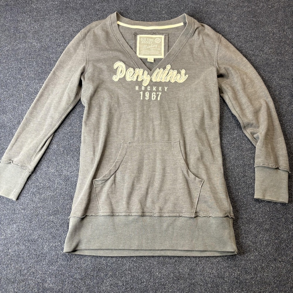 Pittsburgh Penguins Shirt Womens Large Gray NHL Hockey Long Sleeve Pocket V Neck